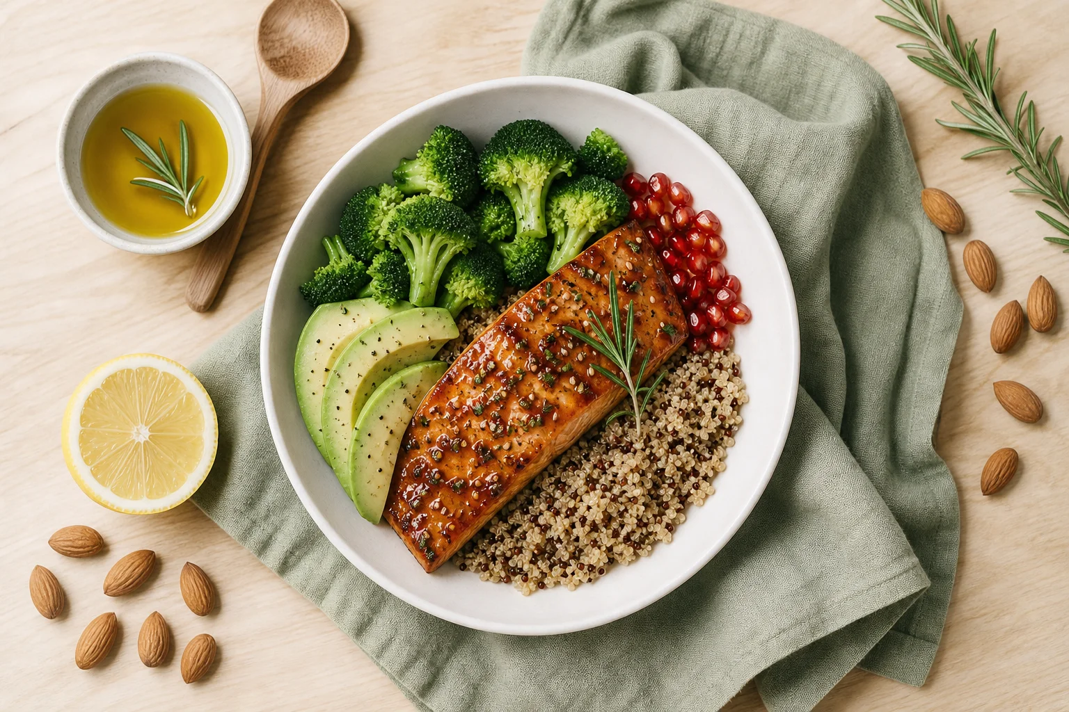 Flatlay: miska s lososem teriyaki, quinoou, avokádem a zeleninou na dřevěné desce
