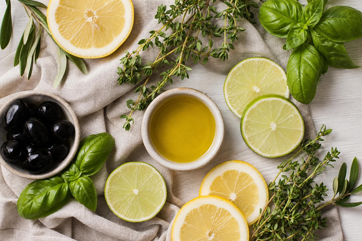 Flatlay: citrusy, čerstvé bylinky a olivový olej
